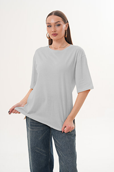 THE WOOW Women's Gray Melange Crew Neck Short Sleeve Side Slit Oversized Basi...