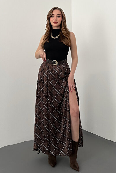 Elbee Fashion Woman Καφέ Σατέν Φούστα Καρό τεμαχίων