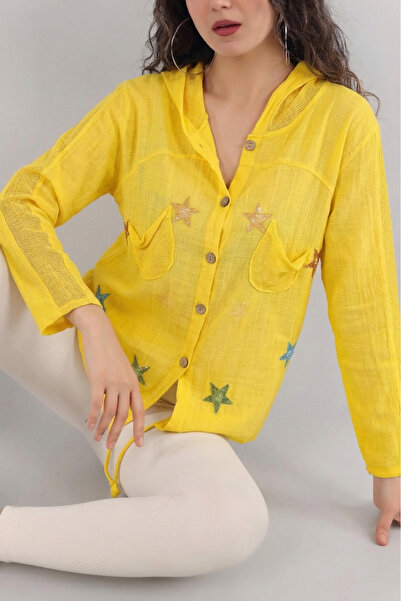 NEW JOURNAL Women's Yellow Hooded Mesh Detailed Linen Shirt Nj126