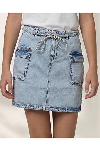 REDTAG Senior Girls Light Wash Denim Skirt with Cargo Pocket