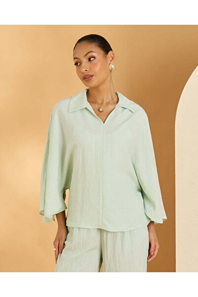 REDTAG Women Mint Collared Long Sleeve Blouse