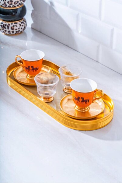 ACAR Jasmin 2 Kişilik Cam Tepsili Atlı Kahve Fincanı Takımı - 90 ml