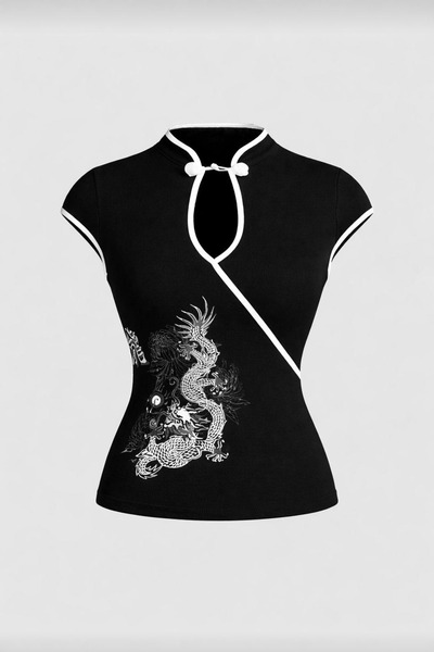 Gofeel Japones Style Mandarin Yaka Ejderha Desenli Bluz Crop