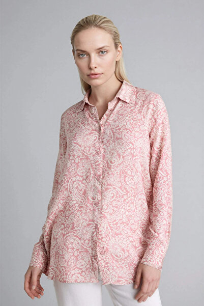 DeFacto T0609Azpn623 Pink Loose Fit Shirt Collar Printed Long Sleeve Tunic
