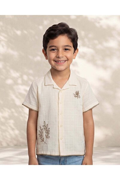 REDTAG Boys Ivory Embroidered Resort Collar Shirt