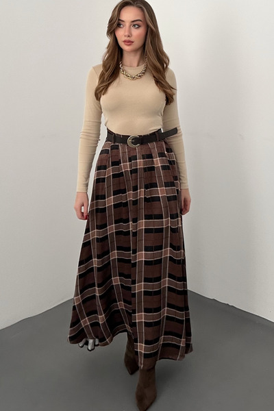 Elbee Fashion Woman Σκούρο καφέ σατέν φούστα Καρό τεμαχίων