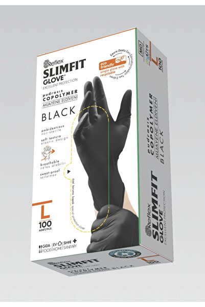 Reflex Slimfit Muayene Eldiveni L Beden – Pudrasız 100’lü Kutu SİYAH L