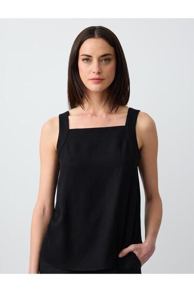 Jimmy Key Black Square Collar Sleeveless Linen Blended Woven Blouse