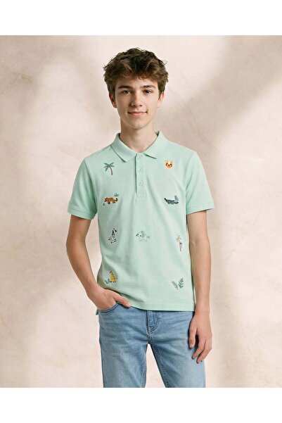REDTAG Boys Mint All Over Embroidered Polo Shirt