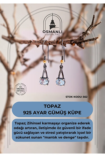 OSMANLI DOĞAL TAŞ Sertifikalı Topaz 925 Ayar Gümüş Küpe (SK:562)