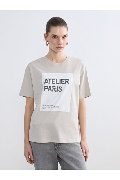 LC Waikiki Γκρι γυναικείο μπλουζάκι με στάμπα Paris Oversize