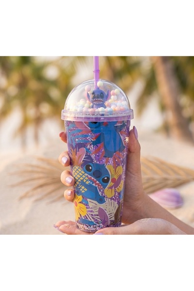 Kuzey Tacı Stitch 3D Figured and Colorful Beaded Straw Cup Glittery and Doubl...