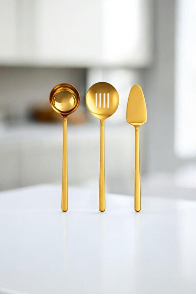 Bereketli Store Paslanmaz Çelik 3’lü Mutfak Seti – Gold Kepçe Spatula Kevgir ...