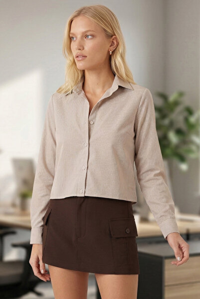 armonika Cămașă de damă maro deschis cu mânecă lungă ARM-26K001098