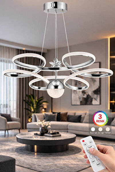 Luxira Aydınlatma Çiçek Kumandalı Gümüş 3 Renk Ledli Kumandalı Modern Led Avize