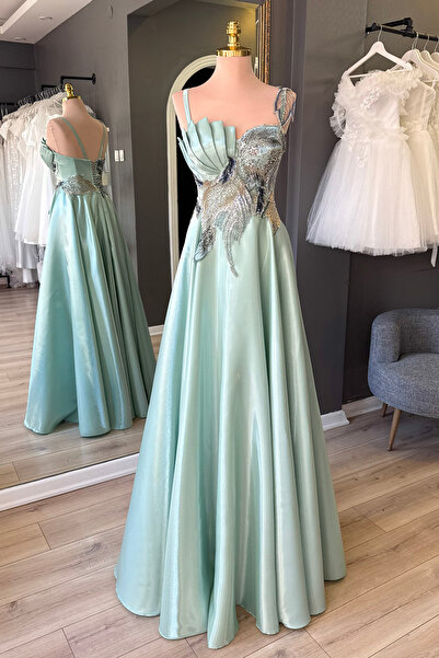 Lenta Moda Su Yeşili Parlak Saten Drape ve Dantel Detaylı Maxi Abiye ve Gece ...