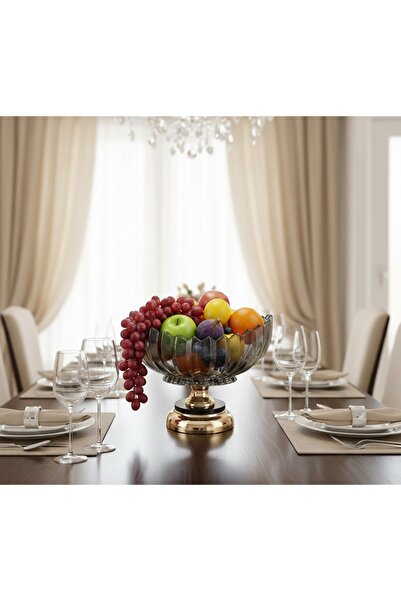 Kuzey Tacı Modern Smoked Glass Container with Gold Detail and Decorative Stan...