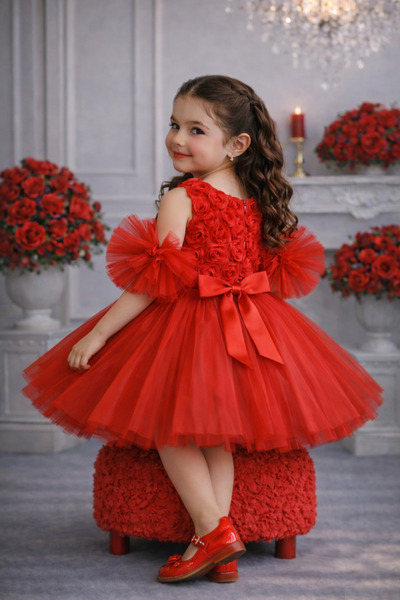 Mixie Red Pompom Sleeves Rose Patterned Tulle Piece Party and Birthday Dress Evening Dress