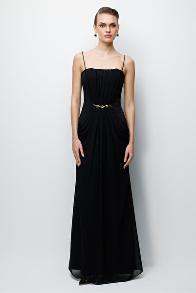 Nefeli Bel Aksesuar Detaylı Drapeli Maxi Boy Elbise SİYAH