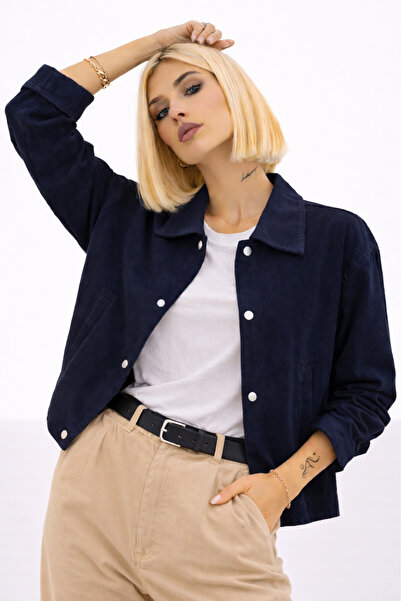 Montland Kadın Lacivert Oversize Basic Gabardin Mevsimlik Çıt Detaylı İç Cepl...