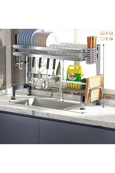 Un Kitchen sink over-dish rack with multi-functional shelves, stainless steel