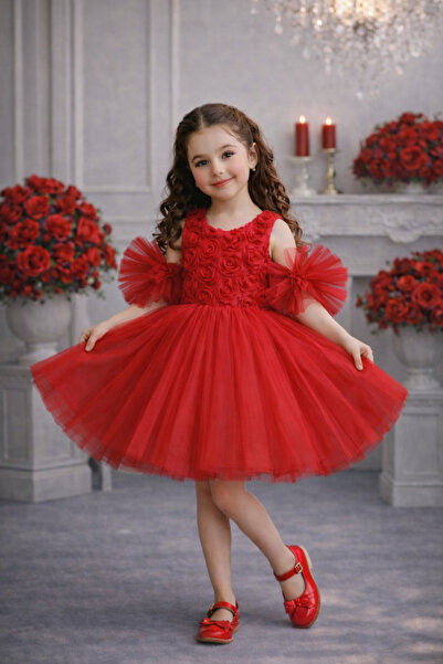 Mixie Red Pompom Sleeves Rose Patterned Tulle Piece Party and Birthday Dress ...