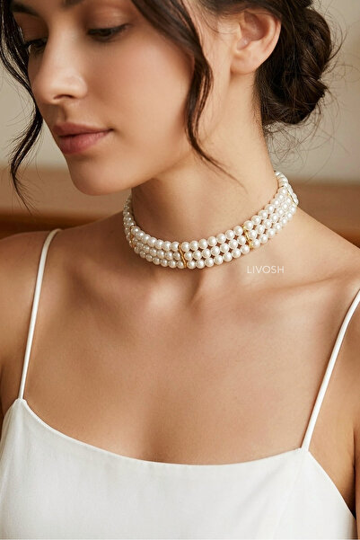 LIVOSH GOLD ŞERİT DETAYLI İNCİ CHOKER KOLYE TASMA KOLYE