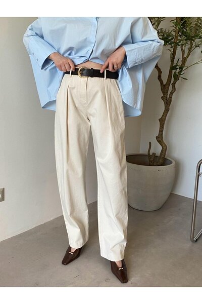 Bade Butik Cream Belt Pack Stretch Fabric Pants