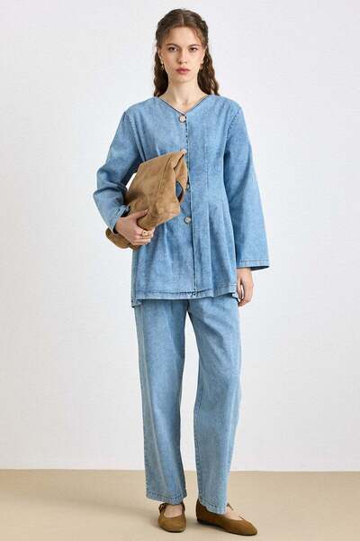 Olcay Beli Pens Detailed Jacket and Trousers Denim Set Blue 9446-Tk