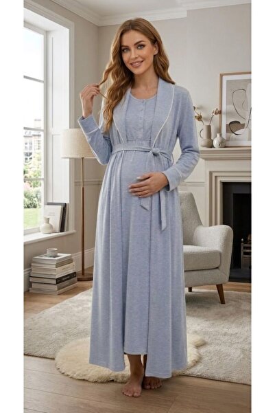 LOHOUSE Kadın Şal Yaka 2'Li Sabahlıklı Lohusa Hamile Gecelik Takım Seti