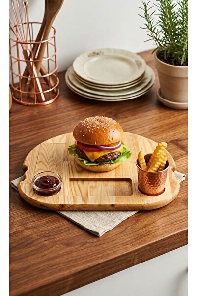 BOZKURT CNC Ahşap Hamburger İçin Sos Yuvalı ve Çok Amaçlı Sunum Tabağı
