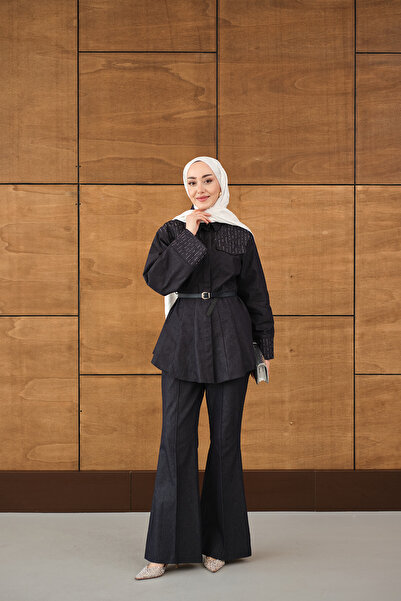 LOCCO Women's Row Bead Detailed Pleated Set Navy Blue