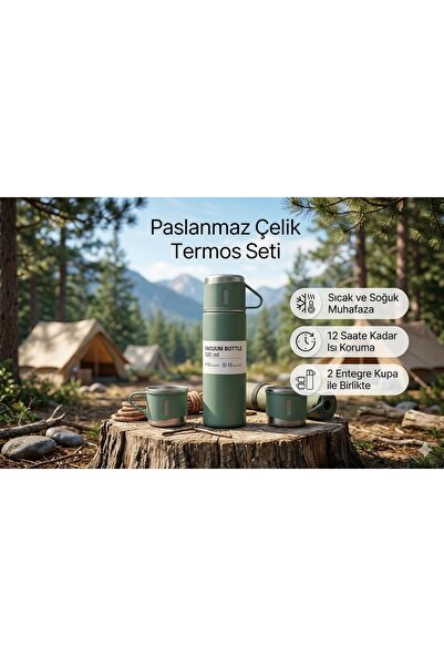 Vacuum Bottle Paslanmaz Çelik Termos 3 Bardaklı 500 ML Kutulu Sızdırmaz Set