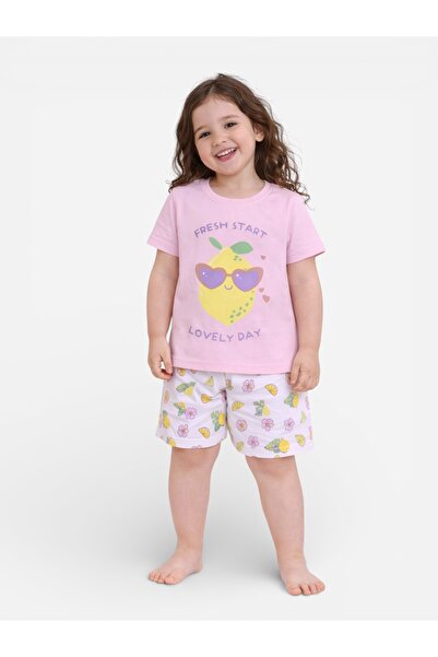 Victor and Jane Girls Lemon Print Cotton Pajama Set – T-Shirt & Shorts Nightwear
