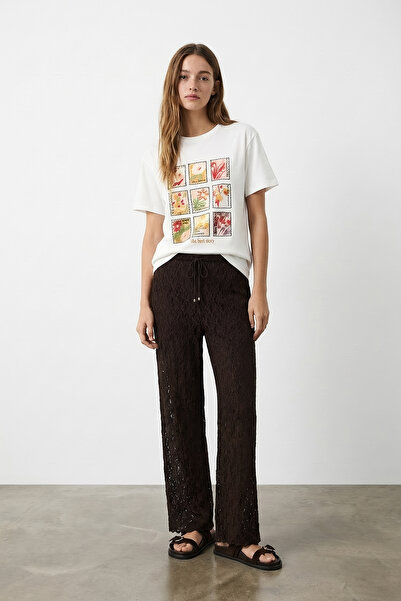 Quzu Wide-Leg Pants with Shorts Lace Brown