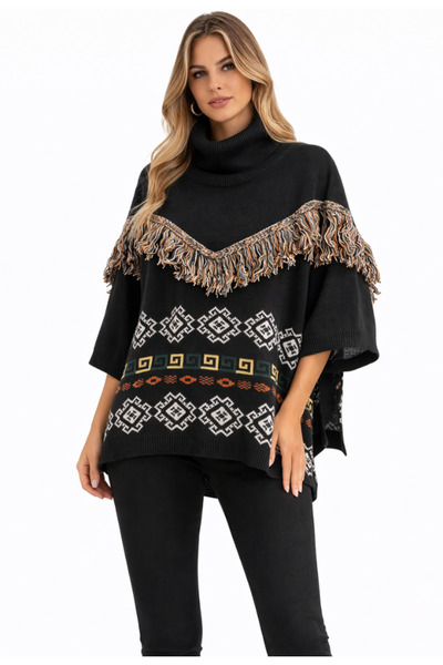 Nobrand Women's Black Knitted Poncho with Ethnic Motif and Fringes, High Coll...