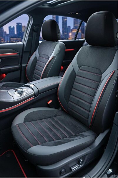 Esin Nove Anti-Sweat Luxury Linen Fabric Leather Detailed Auto Seat Cover Red