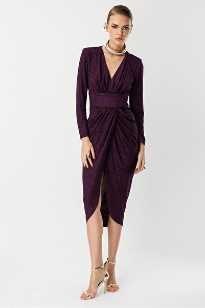 Nefeli Kruvaze Drape Elbise MÜRDÜM