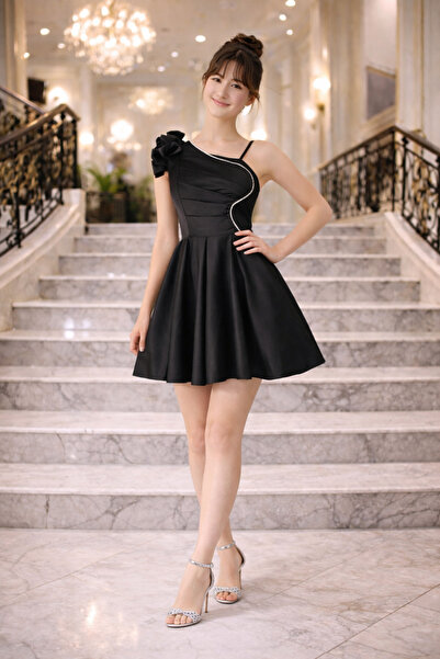 Erkut Kız Çocuk Saten Kumaş Siyah Renk Kısa Abiye Elbise