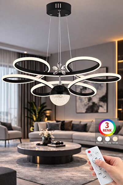 Luxira Aydınlatma Çiçek Kumandalı Siyah 3 Renk Ledli Kumandalı Modern Led Avize