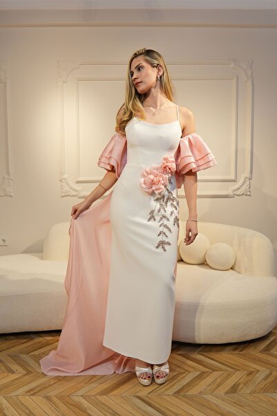 Lydiatekstil Lamine Krep Bel Kısmı Çiçek ve Taş Detaylı Şifon Pelerinli Midi ...