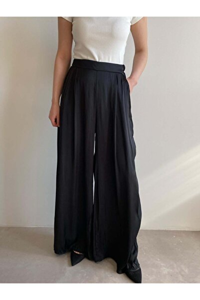 Bade Butik Black Wide-Leg Satin Palazzo Pants