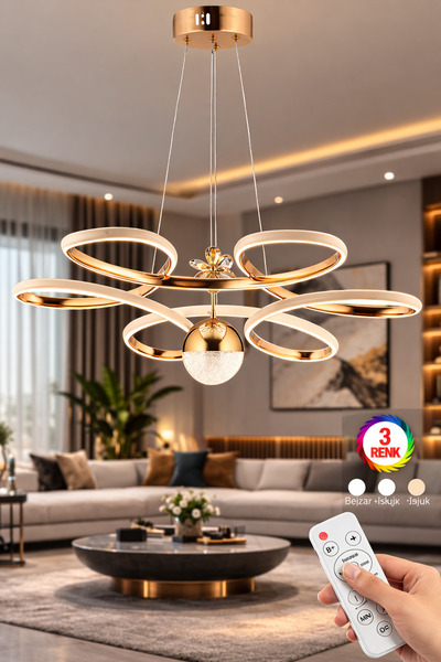 Luxira Aydınlatma Çiçek Kumandalı Gold 3 Renk Ledli Kumandalı Modern Led Avize
