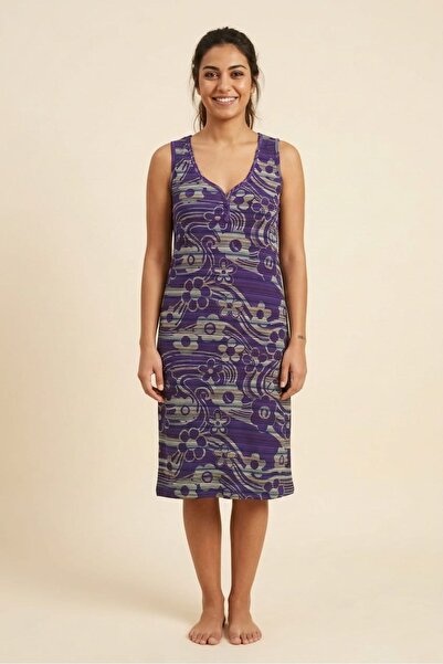 Flamingo Rahat Kalıp Mor Çiçek Desenli Sıfır Kol Pamuklu V Yaka Midi Boy Yazl...