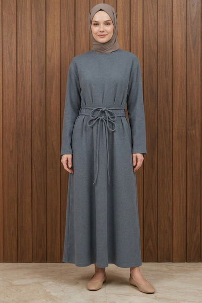 FERHEL Women's Draped Waist Double Laced Brioche Knit Fabric Hijab Long Dress...