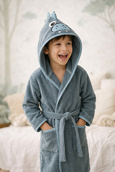 POMY KAPŞONLU KIZ-ERKEK ÇOCUK BORNOZU PAMUKLU-DİNO