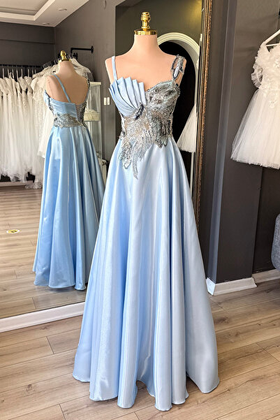 Lenta Moda Buz Mavi Parlak Saten Drape ve Dantel Detaylı Maxi Abiye ve Gece E...