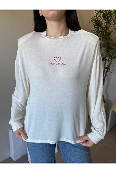 Bade Butik Ecru Padded Shoulders Embroidered Blouse