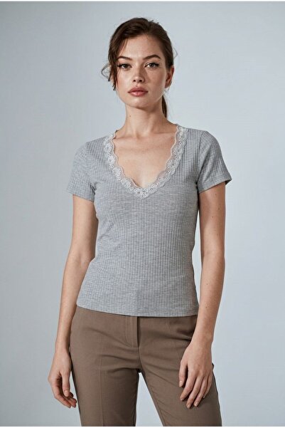 Madmext Γκρι μπλουζάκι με λαιμόκοψη σε σχήμα V Δαντέλα Λεπτομερές κοτλέ Γυναι...