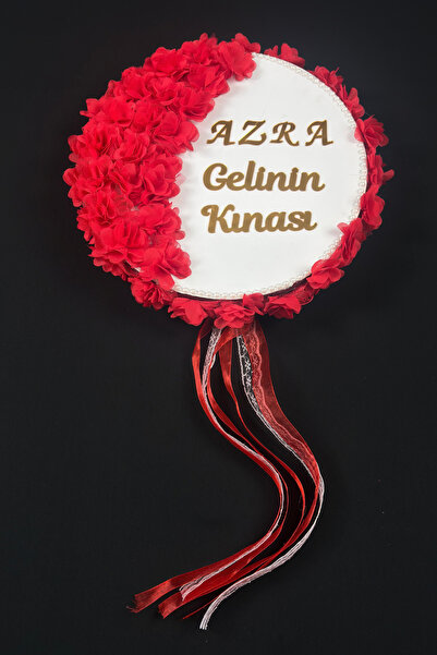 AZREN STORE Kırmızı Gelin Tefi Pleksi Isimli Üç Boyut Çiçek ve Kurdele Süslem...
